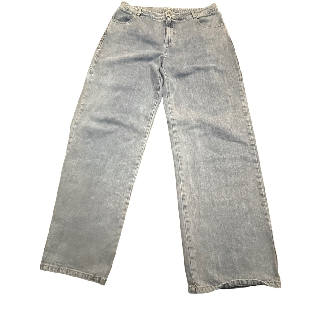 Princess Polly Wide Leg Jeans Light Wash Blue High Rise Varsity Patch‎ Size 8